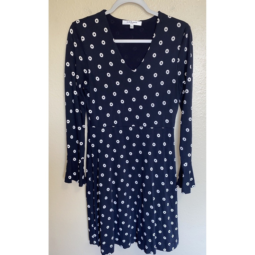 L.K Bennett Fit Flare Aman Dress Long Flared Sleeve Blue Dots Jersey SIZE 8